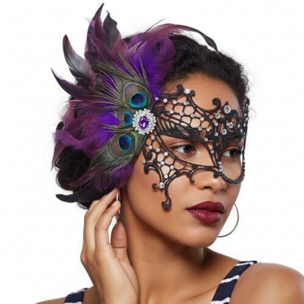 8374 Purple Masquerade Mask Peacock Feather Lace Half Face Venetian Mask